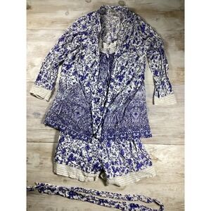 3-Piece Pajama Set Blue And White Floral Women's Medium Blue Willow